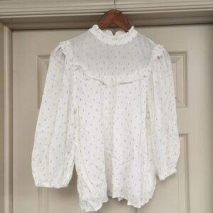 Draper James White Ruffle Yoke Blouse with Gold Dot Print